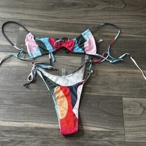 High Waisted Vibrant Abstract Print Bikini Set - Size S